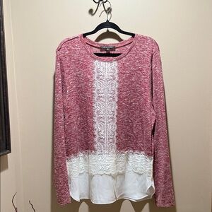 Cato Red and White Lace Accent Blouse